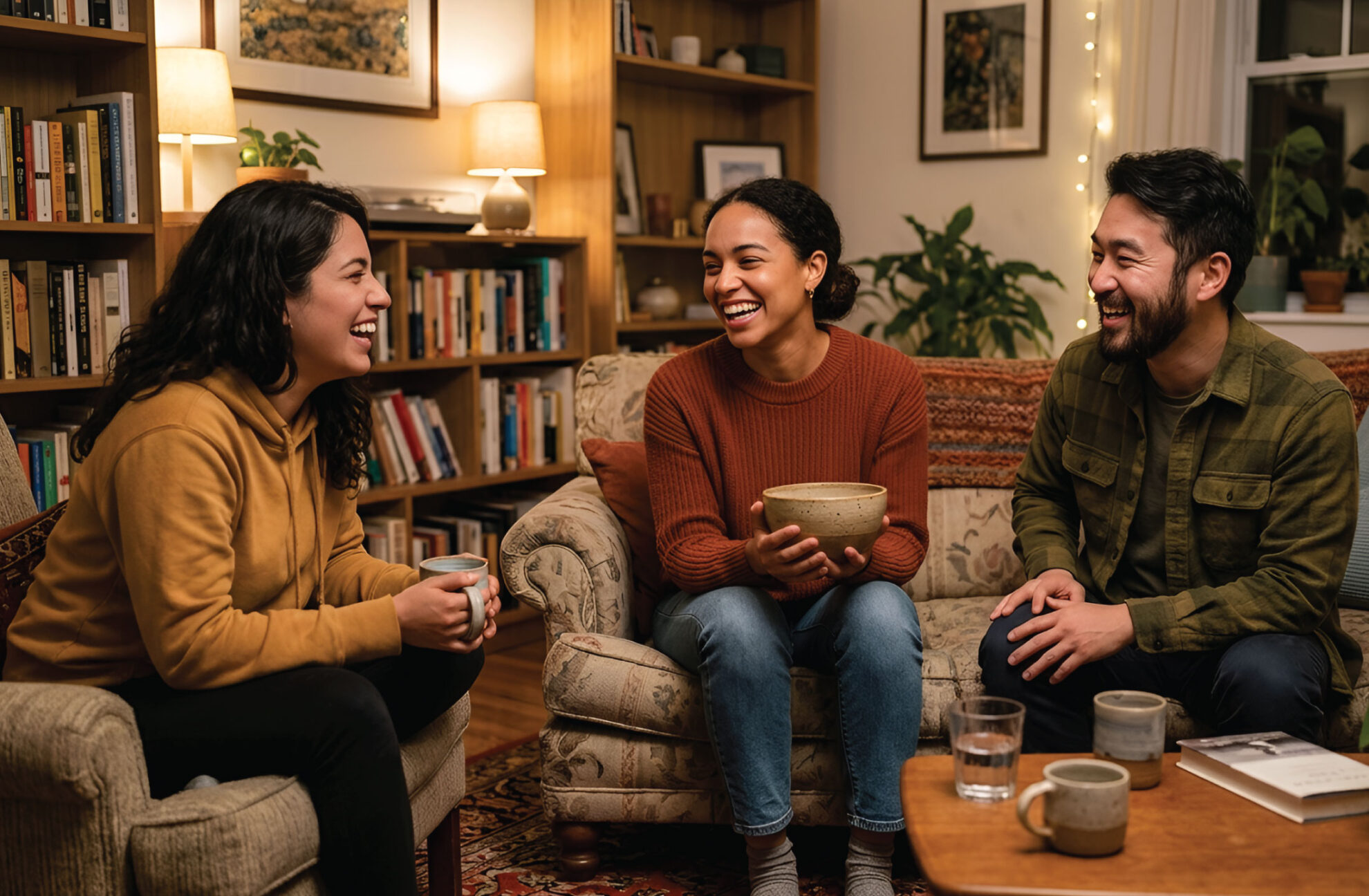 Three friends sit in a cozy living room, laughing and talking together. They each hold mugs or bowls, surrounded by bookshelves, plants, a patterned rug, and warm ambient lighting.