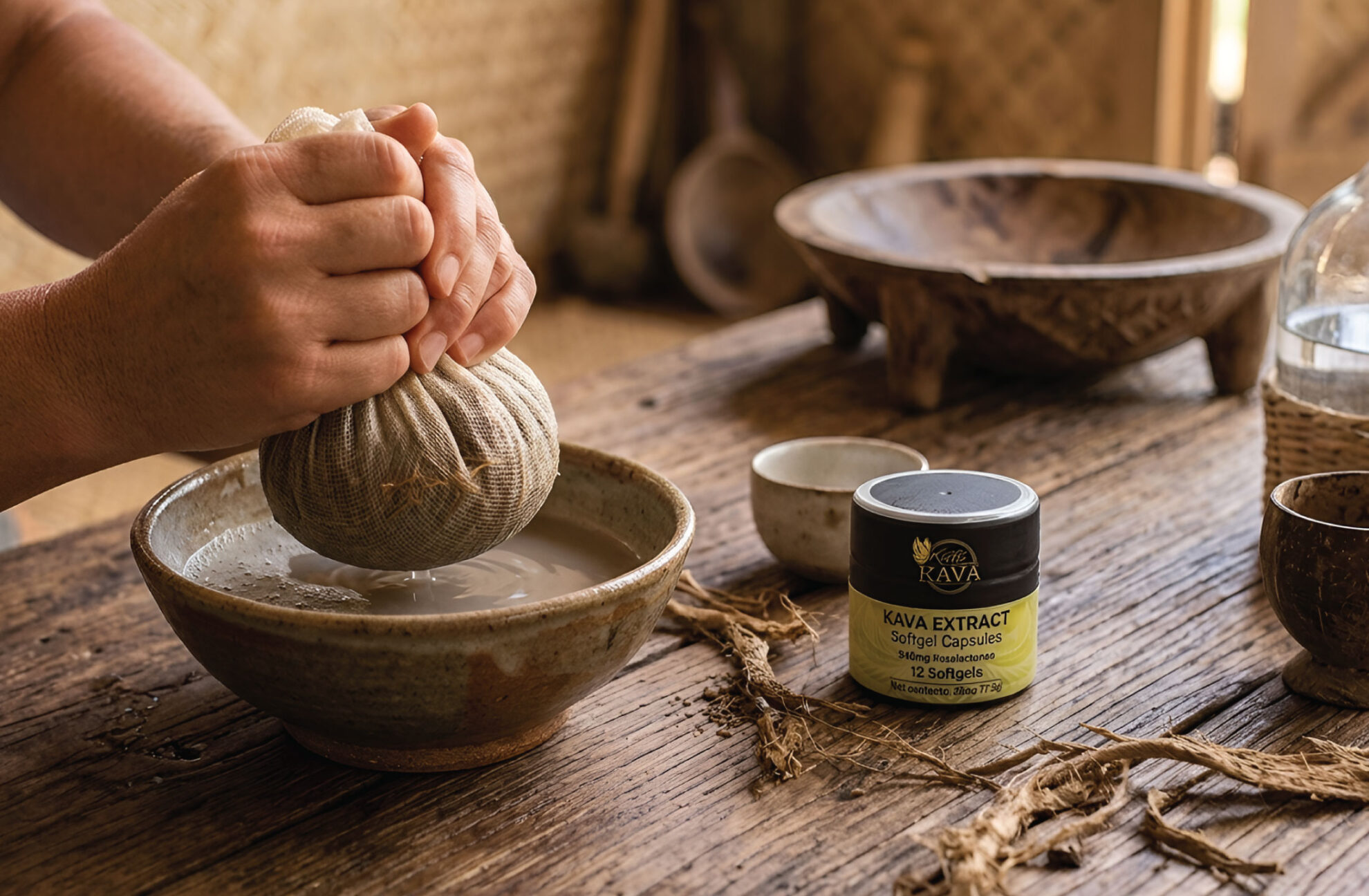 Hands squeeze a cloth bundle over a ceramic bowl on a rustic wooden table. Nearby are a jar labeled Kava Extract, a wooden bowl, cups, and dried plant material.