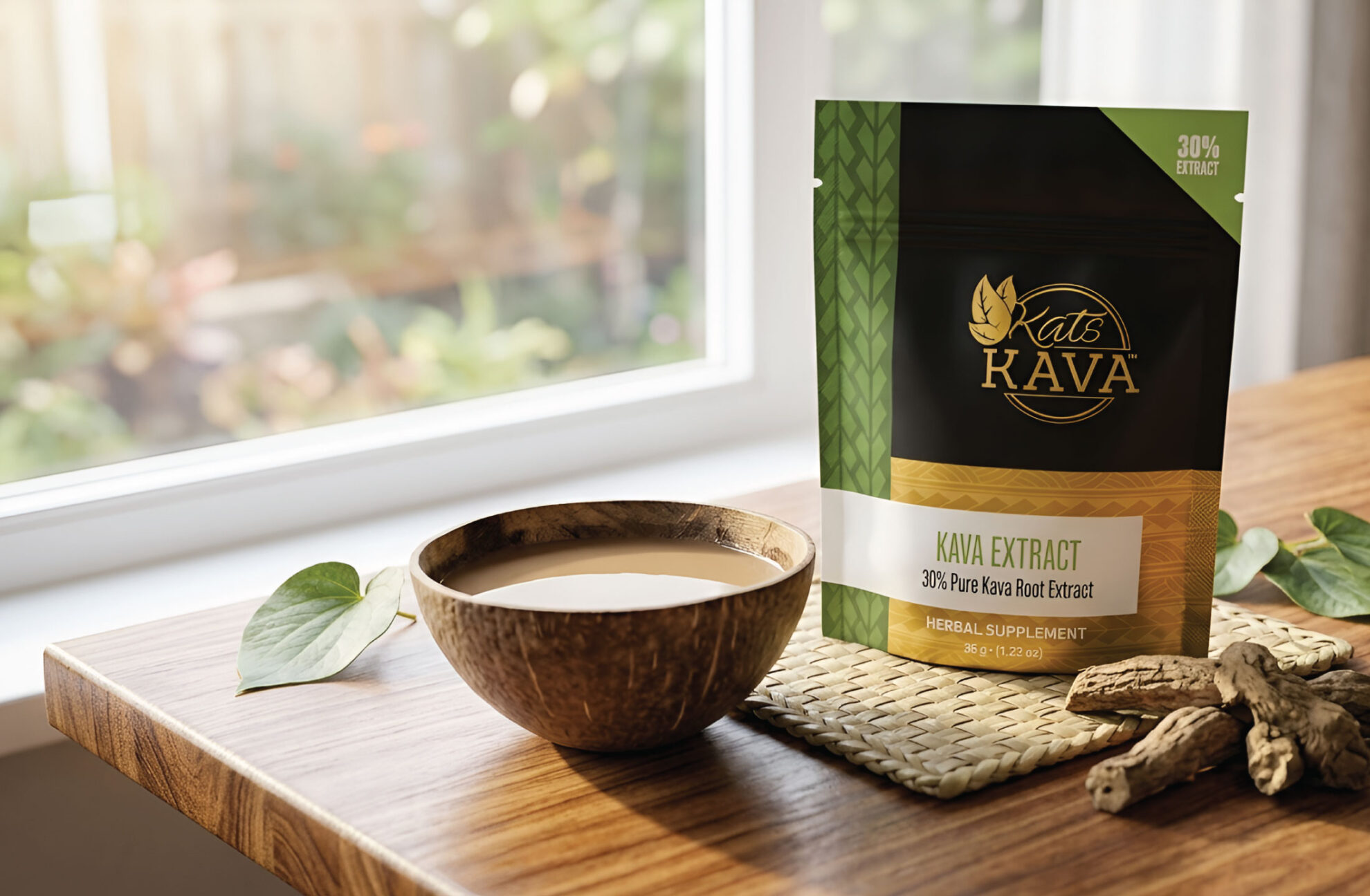 A wooden bowl filled with a light brown liquid sits next to a Kats Kava extract package on a wooden table, with sunlight streaming through a nearby window.