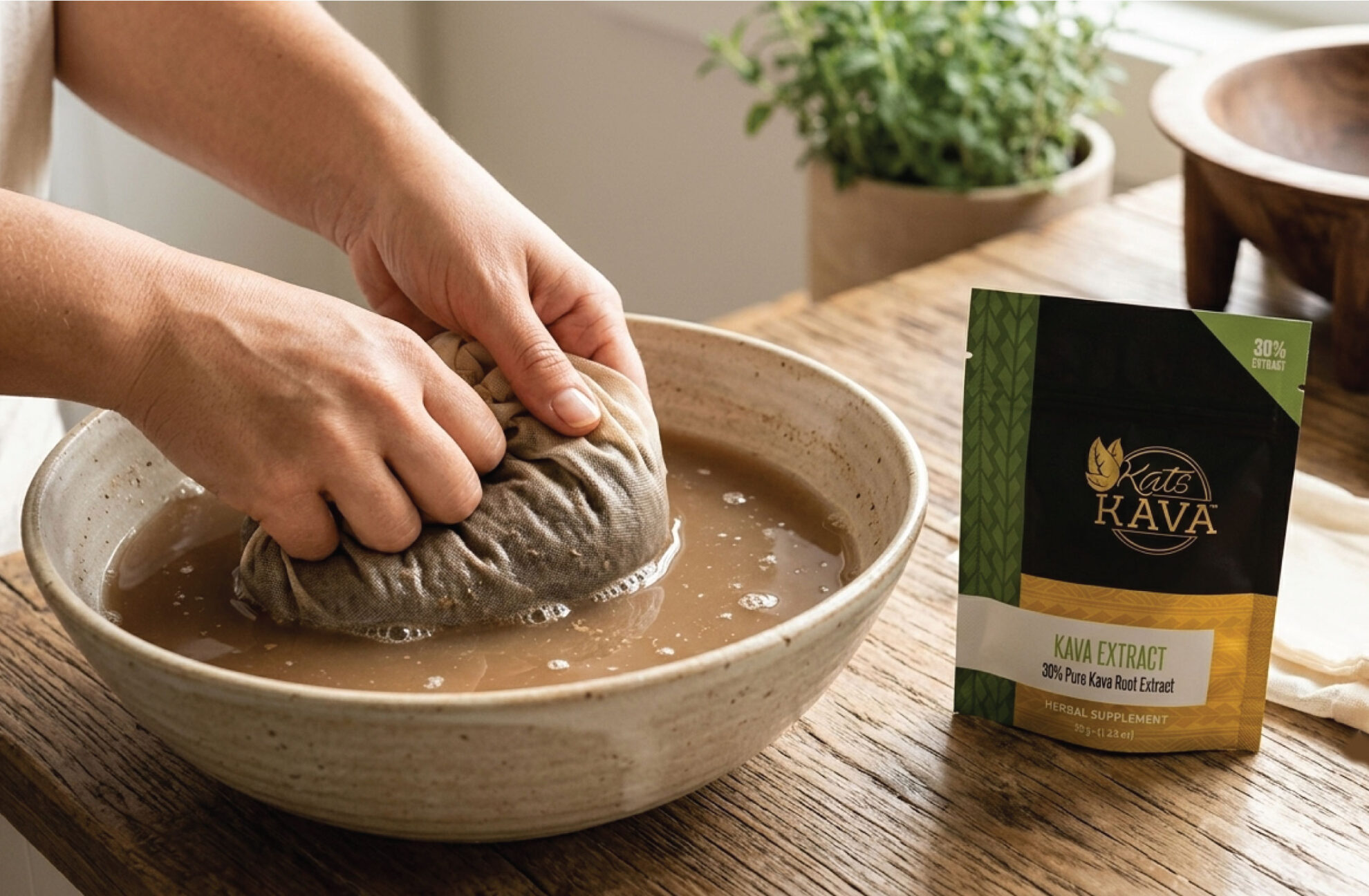 Hands squeeze a cloth bag over a bowl of brown liquid, next to a package labeled Kats Kava Kava Extract. A plant and other kitchen items appear blurred in the background.