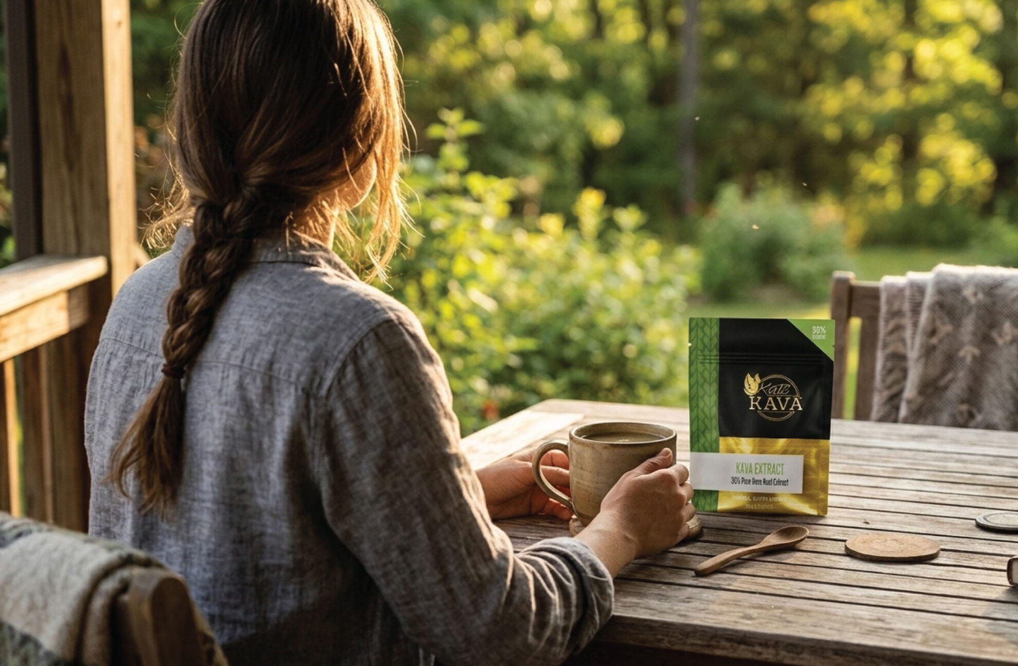 A person with a braid sits on a porch holding a mug, with a packet of Kava on the table beside them. Sunlight filters through green trees in the background. 