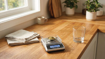 A digital kitchen scale with a small bowl of herbs reads 0.125 on a wooden countertop. Nearby are a glass, folded napkins, a mug, and potted plants by a window.