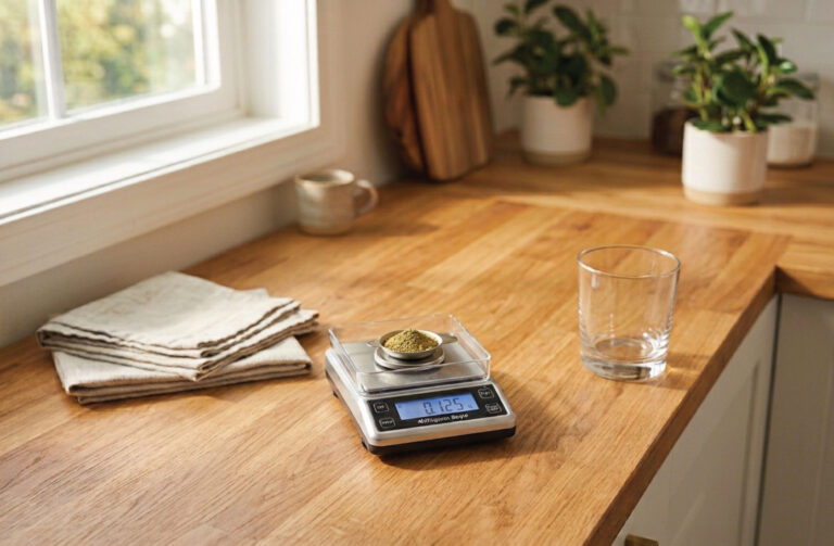 A digital kitchen scale with a small bowl of herbs reads 0.125 on a wooden countertop. Nearby are a glass, folded napkins, a mug, and potted plants by a window.