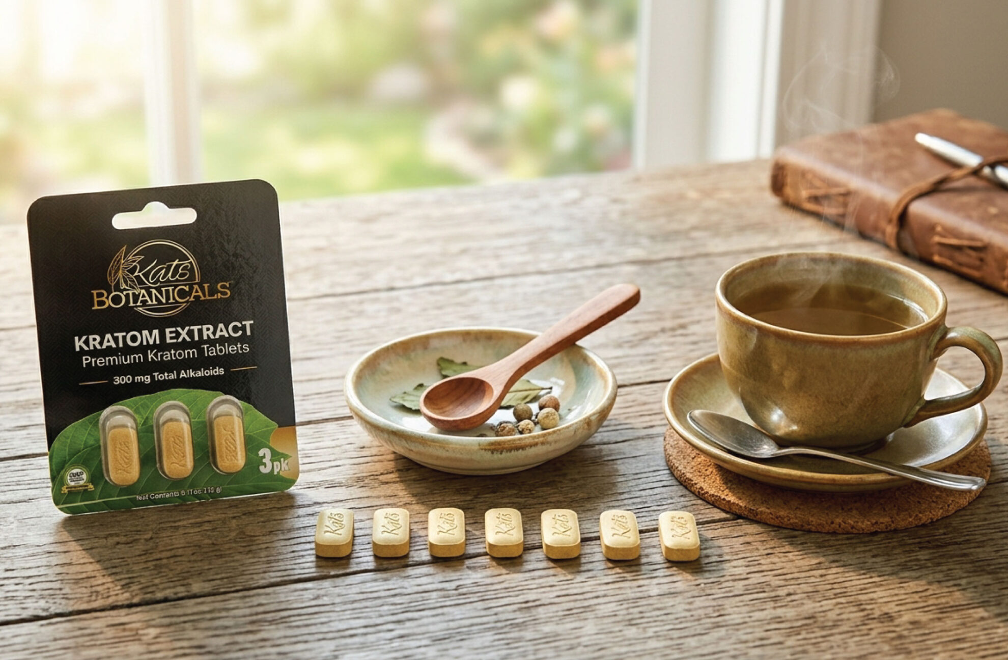 A package of Kats Botanicals Kratom tablets sits on a wooden table with seven tablets, a teacup, a saucer, a bowl with herbs, and a spoon beside a sunlit window. 