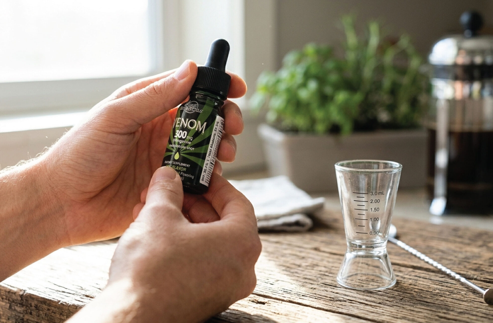 A person holds a bottle labeled Venom 300 with a dropper. A clear measuring cup sits on a wooden table nearby, and a plant and french press are in the background.