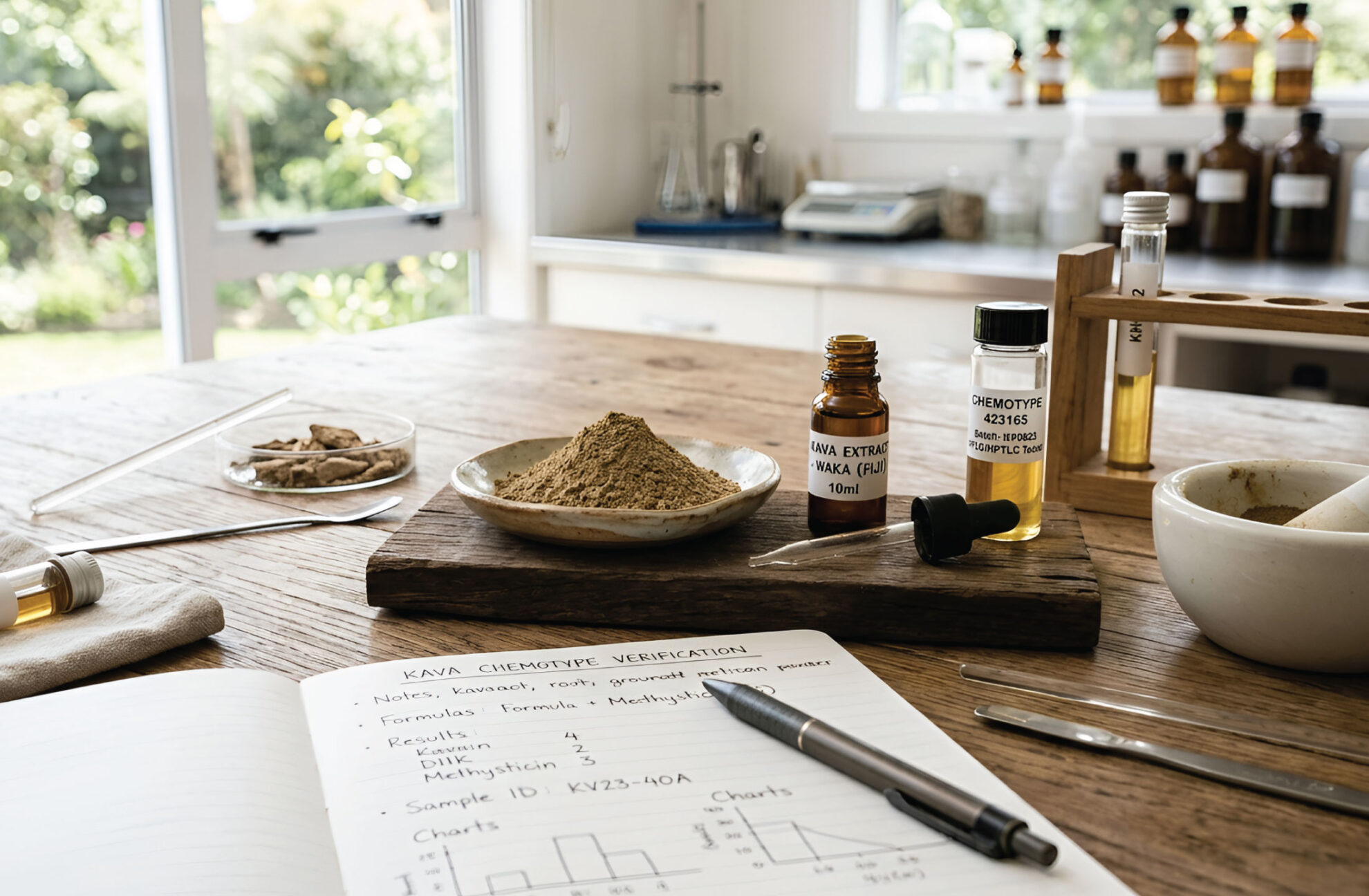 A pouch of Kats Kava powder, a glass dish of powder, a dropper, labeled bottles, a tablet showing Kava QC: CHEMOMAP, and a spiral notebook are arranged on a wooden laboratory table.