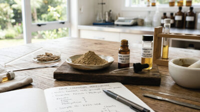 A table with kava extract bottles, powder on a plate, a dropper, mortar and pestle, open notebook with notes and charts, and natural light coming through windows in a laboratory setting.
