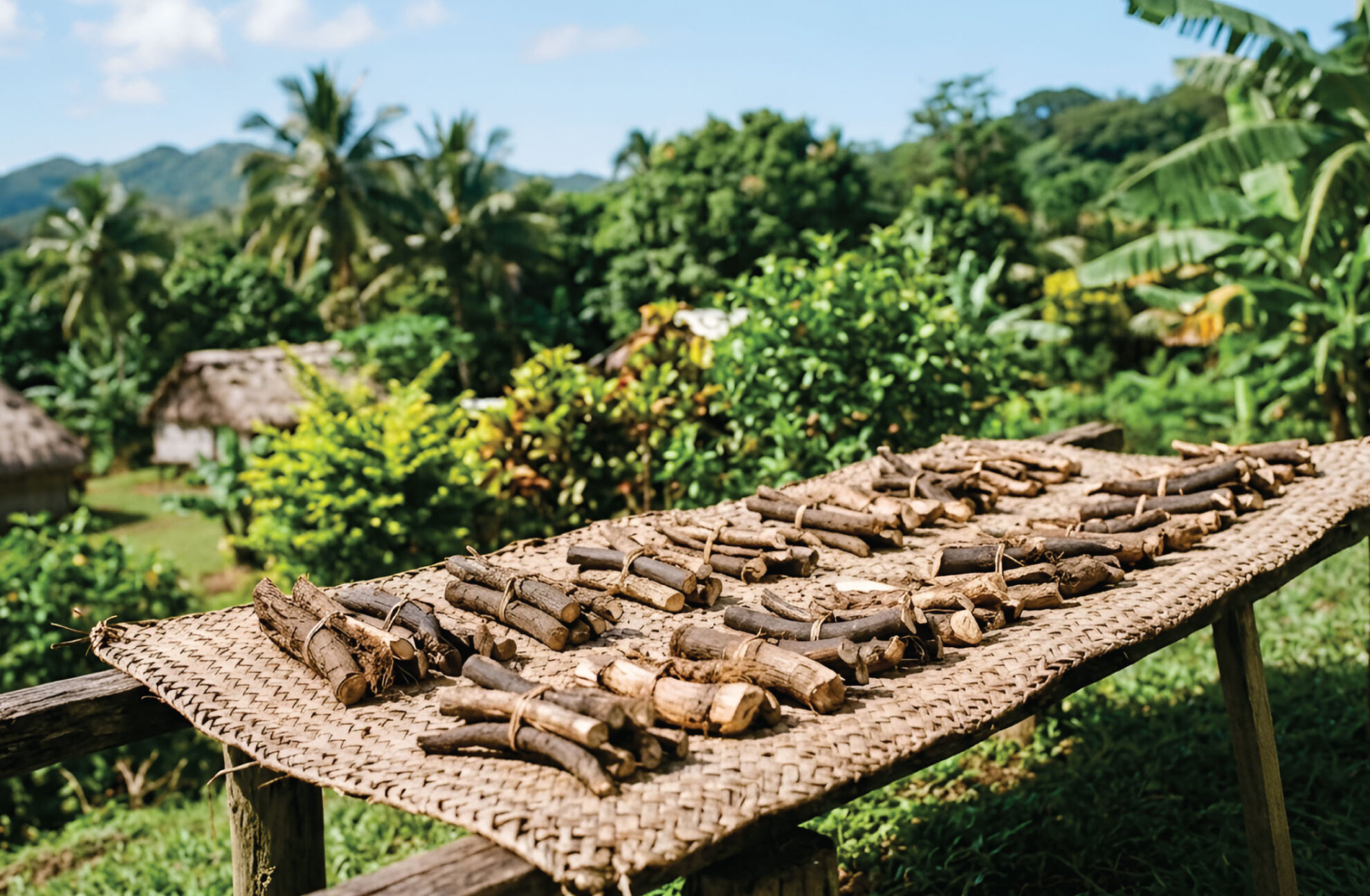 Small bundles of brown roots dry on a woven mat outdoors, surrounded by lush green trees, tropical plants, and distant thatched huts under a blue sky.