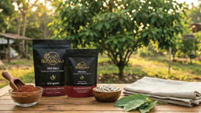 Two packs of Kats Botanicals Red Bali kratom, a bowl of powder, capsules, leaves, and a scoop, are arranged on a wooden table outdoors with trees and sunlight in the background.