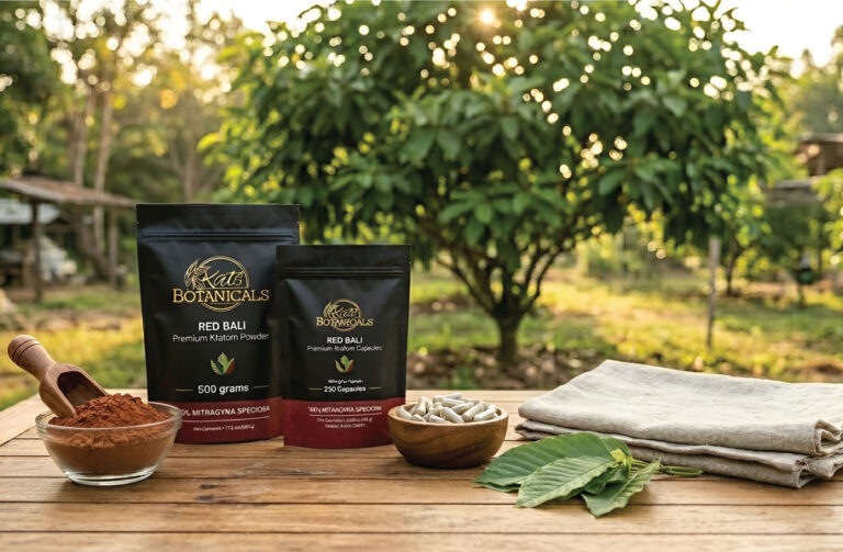 Two packs of Kats Botanicals Red Bali kratom, a bowl of powder, capsules, leaves, and a scoop, are arranged on a wooden table outdoors with trees and sunlight in the background.