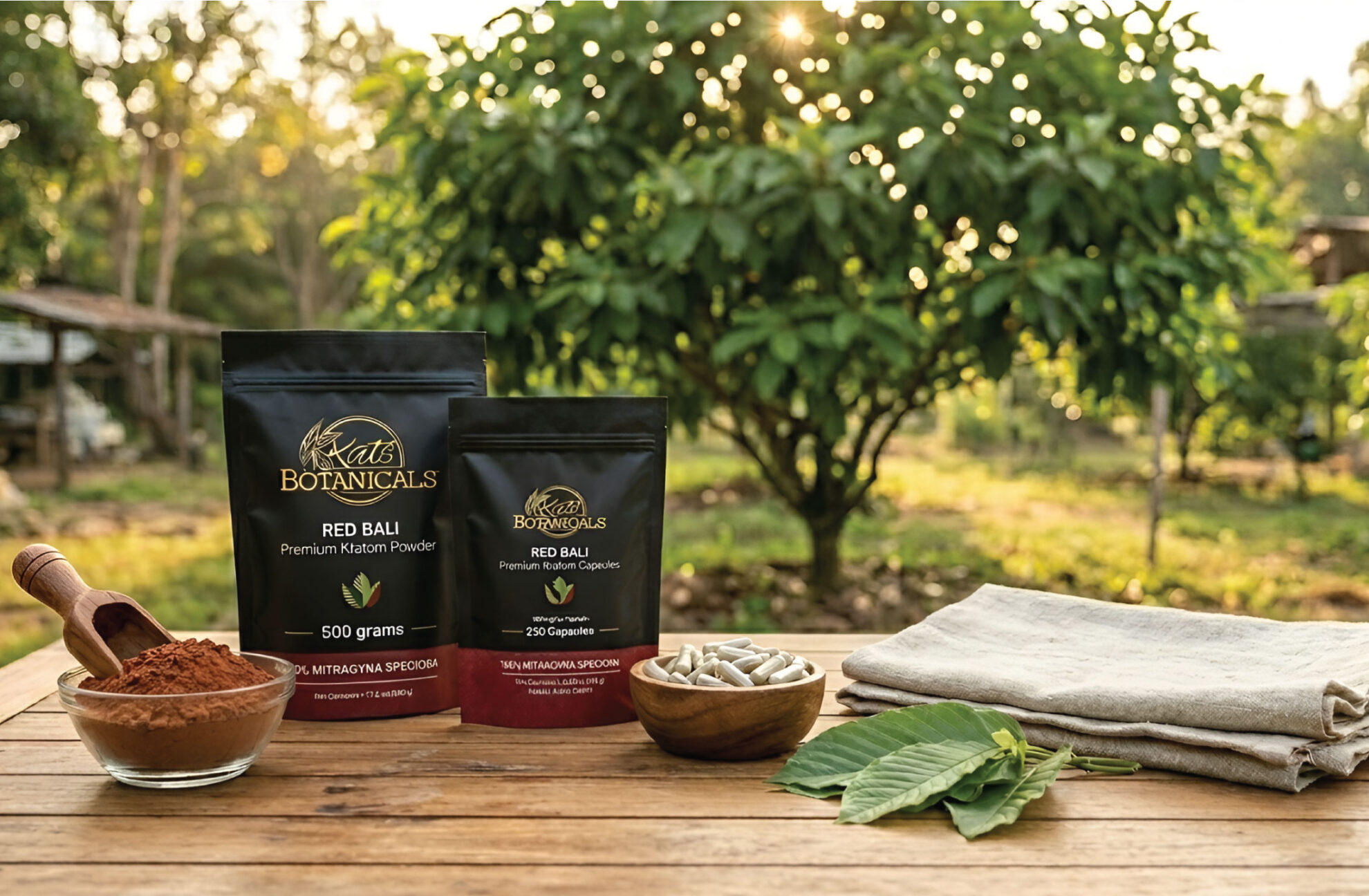 Two packs of Kats Botanicals Red Bali kratom, a bowl of powder, capsules, leaves, and a scoop, are arranged on a wooden table outdoors with trees and sunlight in the background.