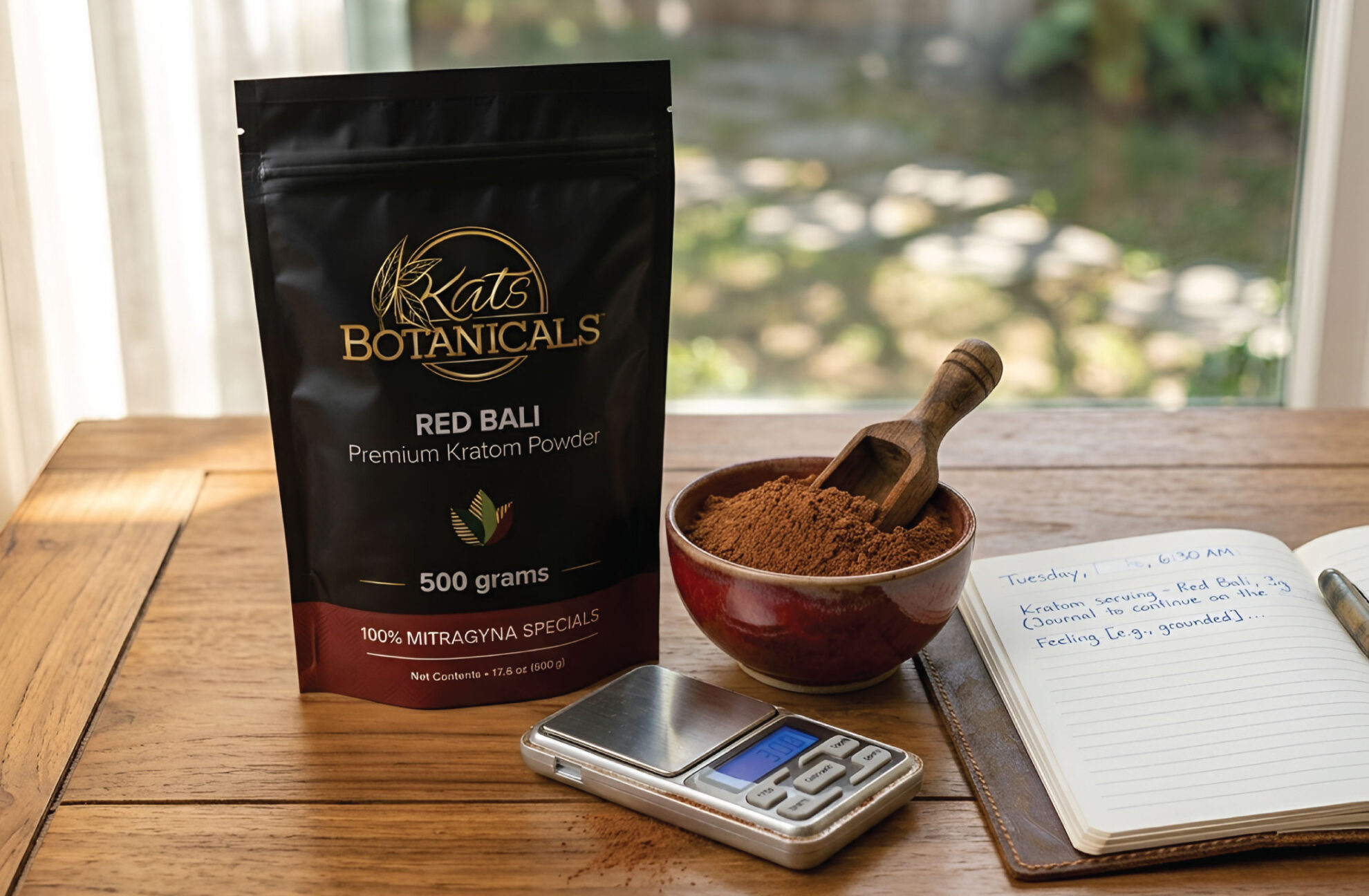 A bag of Red Bali kratom powder, a bowl with powder and scoop, a digital scale, and an open notebook on a wooden table by a window.