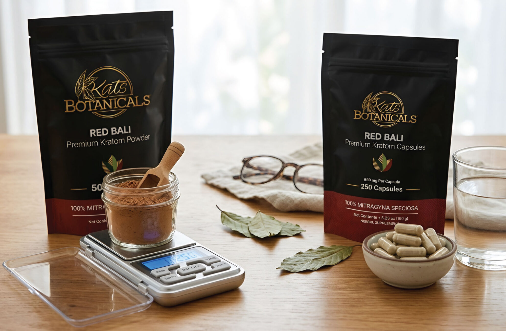 Two bags of Kats Botanicals Red Bali Kratom, a digital scale with powder in a bowl and spoon, capsules in a dish, glasses, dried leaves, a phone, and a glass of water on a wooden table.