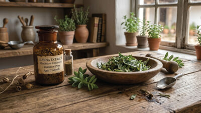 A rustic kitchen table with a labeled jar of kanna extract, a wooden bowl filled with green leaves, a metal spoon, and potted herbs in the background. Sunlight streams through a window, illuminating the scene.