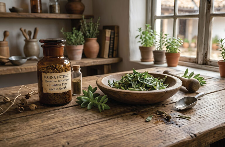 A rustic kitchen table with a labeled jar of kanna extract, a wooden bowl filled with green leaves, a metal spoon, and potted herbs in the background. Sunlight streams through a window, illuminating the scene.