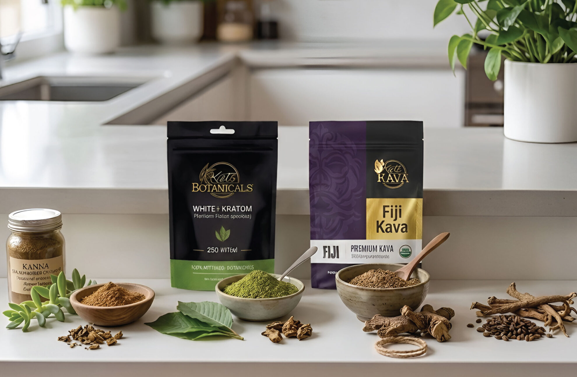 A kitchen counter displays jars and bowls of powdered herbs, leafy plants, and two bags labeled White Kratom and Fiji Kava, surrounded by wooden spoons, loose powder, and fresh leaves.