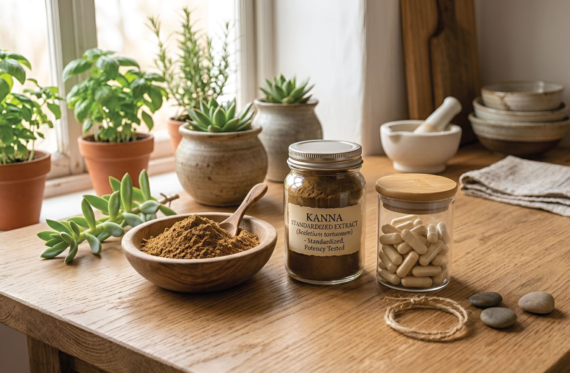 A wooden table with a bowl of brown powder, a jar labeled Kanna Standardized Extract, a jar of capsules, succulents in pots, and a mortar and pestle by a window in natural light.