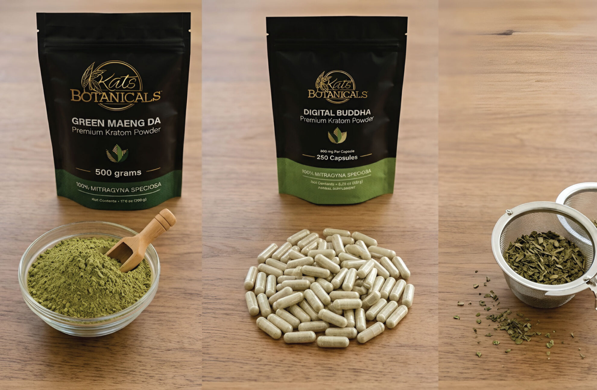 Three Kats Botanicals kratom products: a bowl of green powder with a scoop, a bag of capsules with capsules spilled in front, and a mesh infuser with loose leaf, all on a wooden table.