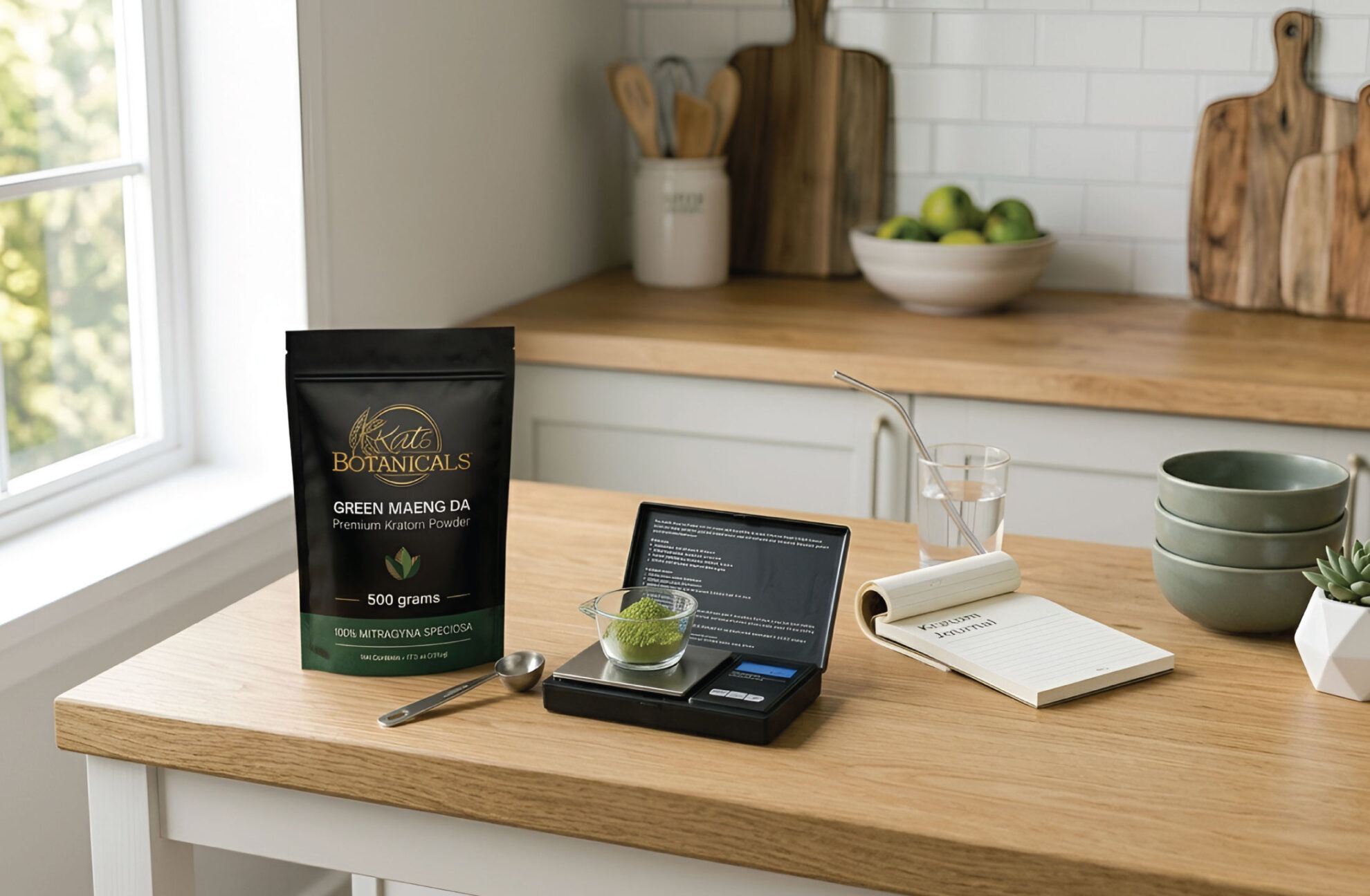 A kitchen counter with a bag labeled Green Maeng Da, a digital scale with green powder, a glass of water, a notepad with pen, bowls, utensils, and cutting boards in the background.