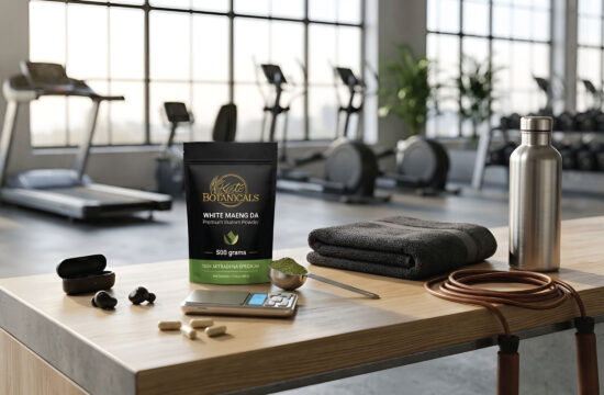 A gym scene with workout equipment, a towel, water bottle, jump rope, earbuds, capsules, a digital scale, a spoon with green powder, and a bag labeled Kats Botanicals White Maeng Da on a table. Treadmills are visible in the background.