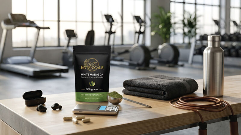 A gym scene with workout equipment, a towel, water bottle, jump rope, earbuds, capsules, a digital scale, a spoon with green powder, and a bag labeled Kats Botanicals White Maeng Da on a table. Treadmills are visible in the background.