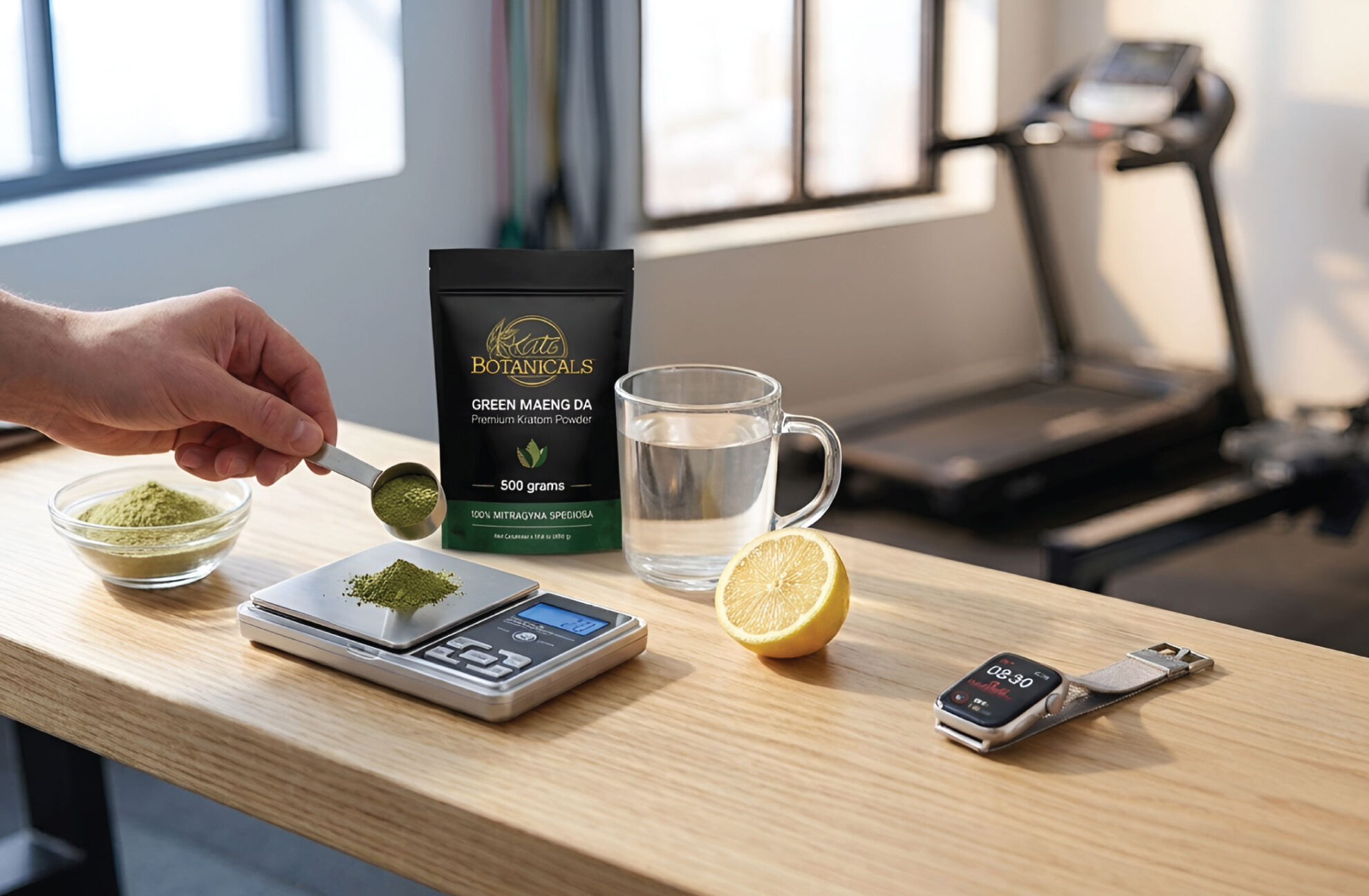 A hand measures green powder on a digital scale next to a bag of Kats Botanicals maeng da powder, a glass of water, half a lemon, a bowl of powder, and a glucose meter on a wooden table in a bright room with exercise equipment. 