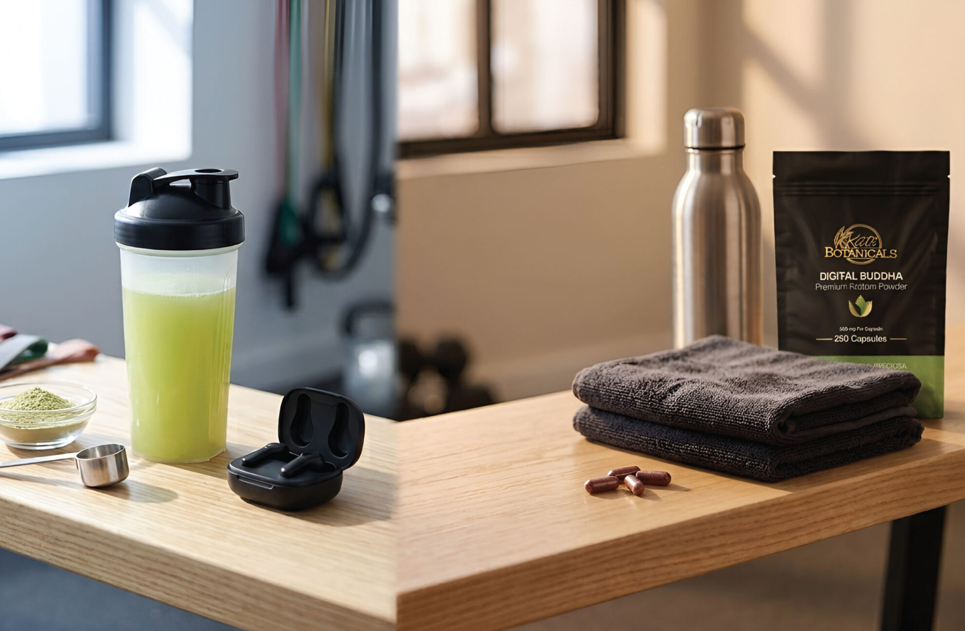 A wooden table holds a green drink in a shaker, a scoop of powder, wireless earbuds, a metal bottle, a black towel, capsules, and a black packet labeled Digital Buddha. Gym equipment is blurred in the background. 