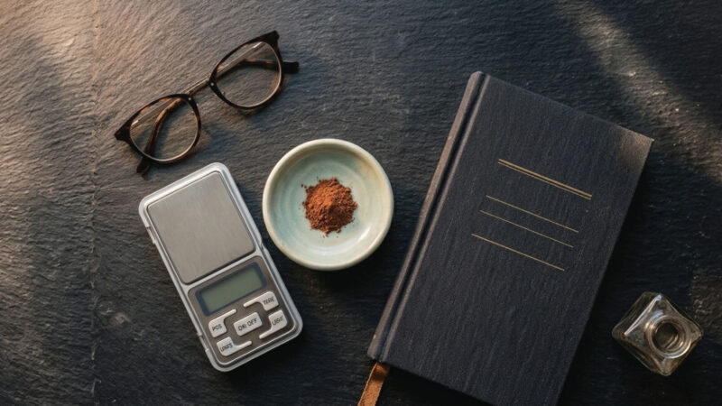 A digital scale, a pair of eyeglasses, a bowl with brown powder, a black notebook, and an ink bottle are arranged on a dark slate surface.