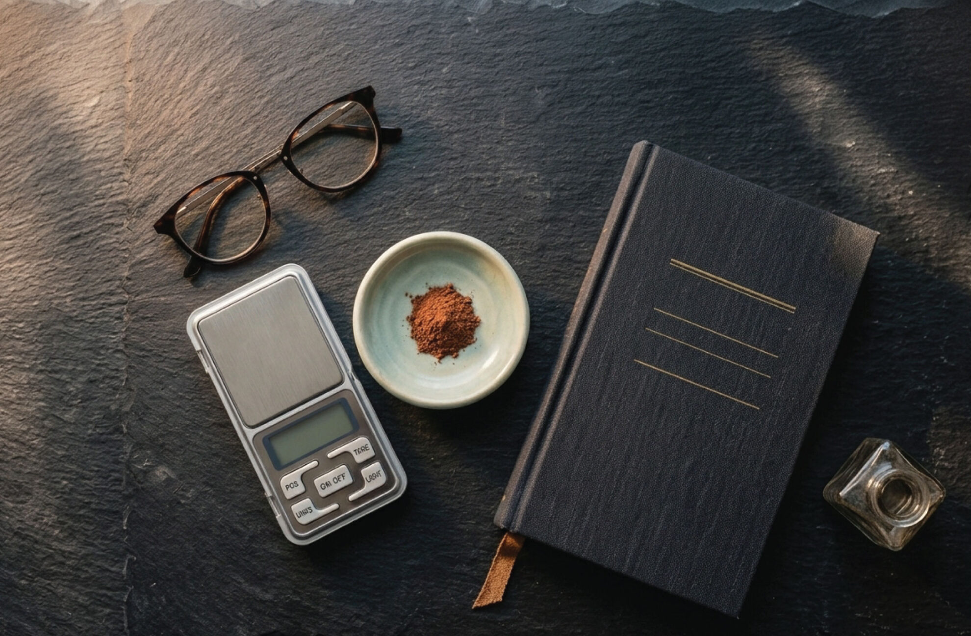 A digital scale, a pair of eyeglasses, a bowl with brown powder, a black notebook, and an ink bottle are arranged on a dark slate surface.