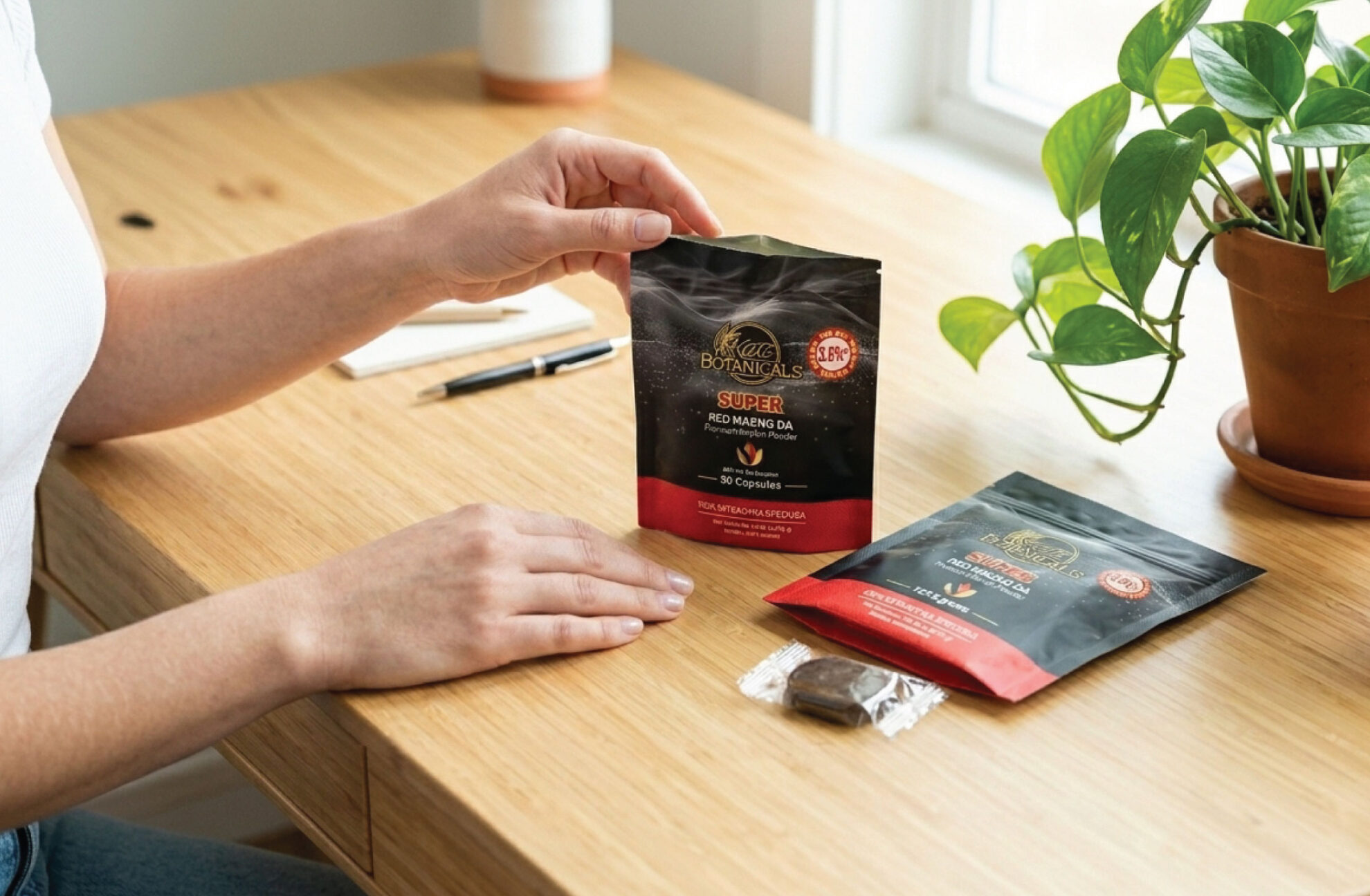A person sits at a wooden desk, holding a packet of supplements labeled Super Red Maeng Da. Another packet and a supplement are on the desk. Theres a plant, a notebook, and a pen nearby.
