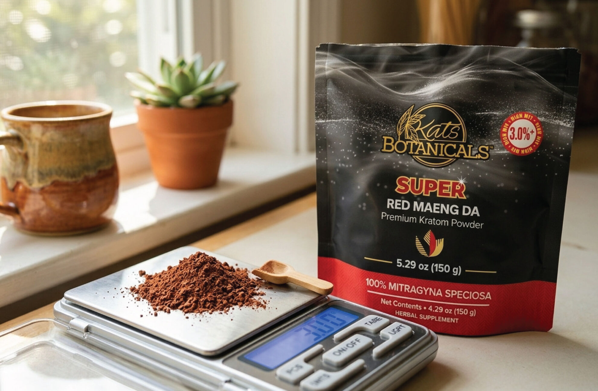 Bag of Kats Botanicals Super Red Maeng Da kratom powder on a counter, next to a coffee mug, plants, and a digital scale with powder and a small wooden scoop. Sunlight streams through a window in the background.