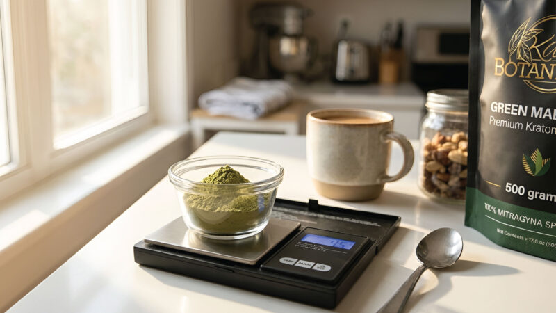 A glass bowl of green powder sits on a digital scale reading 49.5g. Nearby are a mug, a spoon, mixed nuts, and a bag labeled Premium Kratom. The scene is on a kitchen counter by a sunny window.