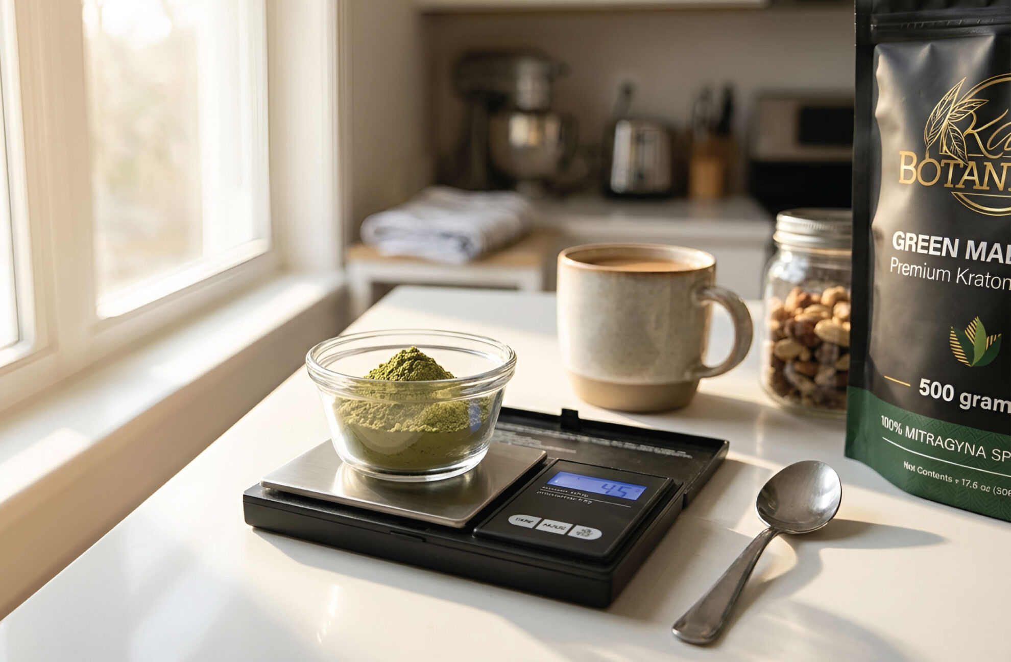 A glass bowl of green powder sits on a digital scale reading 49.5g. Nearby are a mug, a spoon, mixed nuts, and a bag labeled Premium Kratom. The scene is on a kitchen counter by a sunny window.