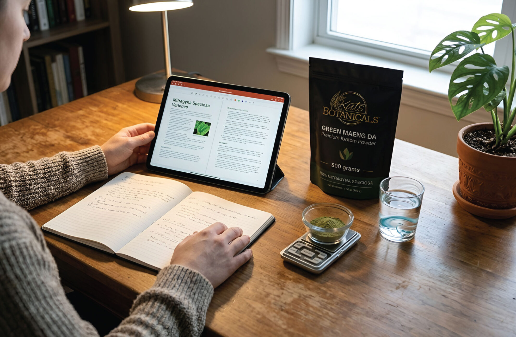 A person writes in a notebook while reading from a tablet. On the desk are a packet of green powder, a glass of water, a dish with green powder on a scale, and a potted monstera plant by a window.