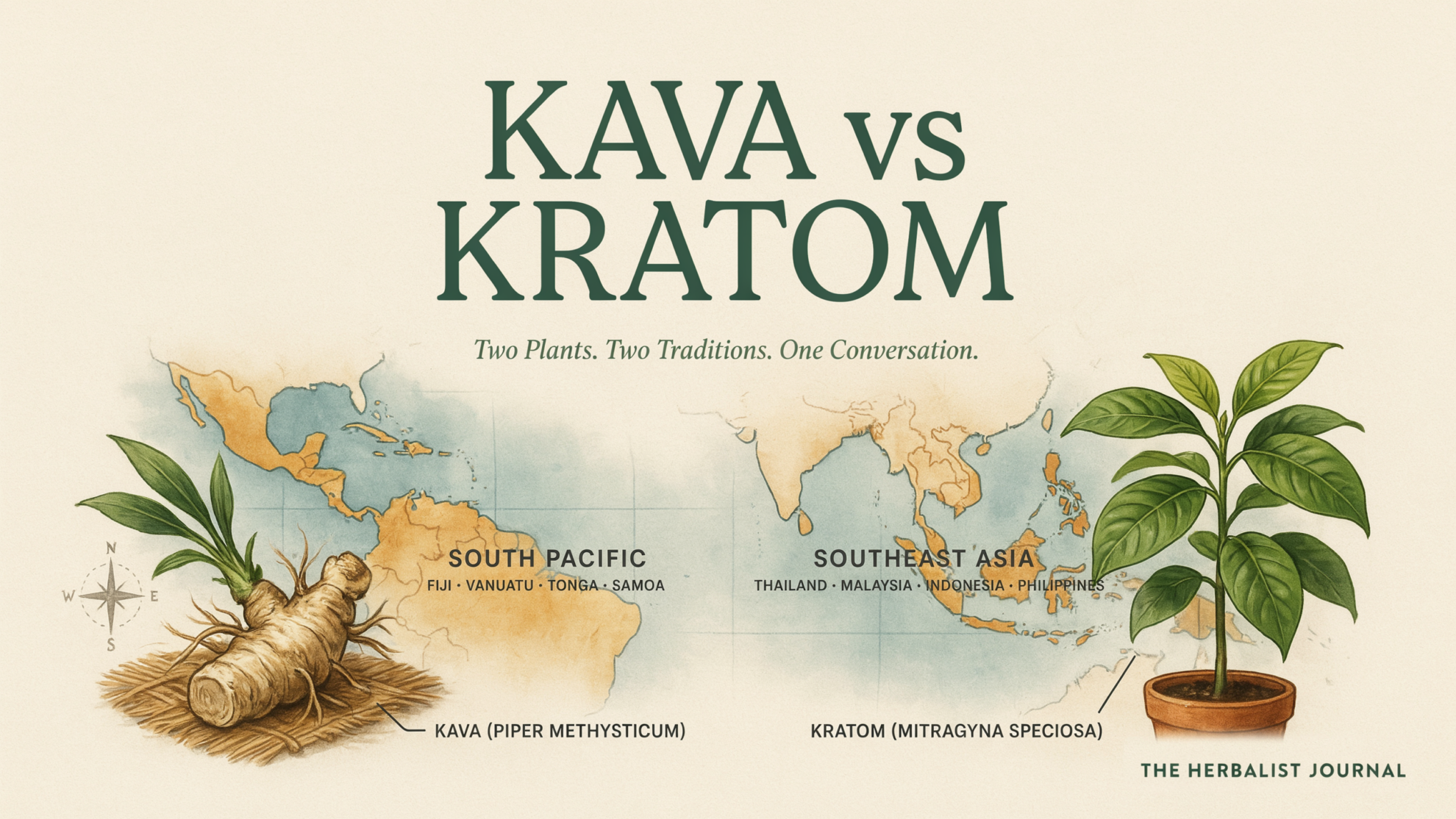Infographic titled Kava vs Kratom showing a world map with the Kava plant linked to the South Pacific and the Kratom plant linked to Southeast Asia.