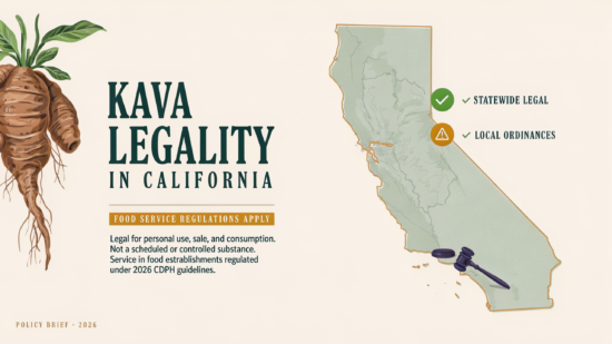 Infographic titled Kava Legality in California, showing a kava root, a map of California with legal status icons, and text outlining regulations for personal use and food service under 2026 guidelines.