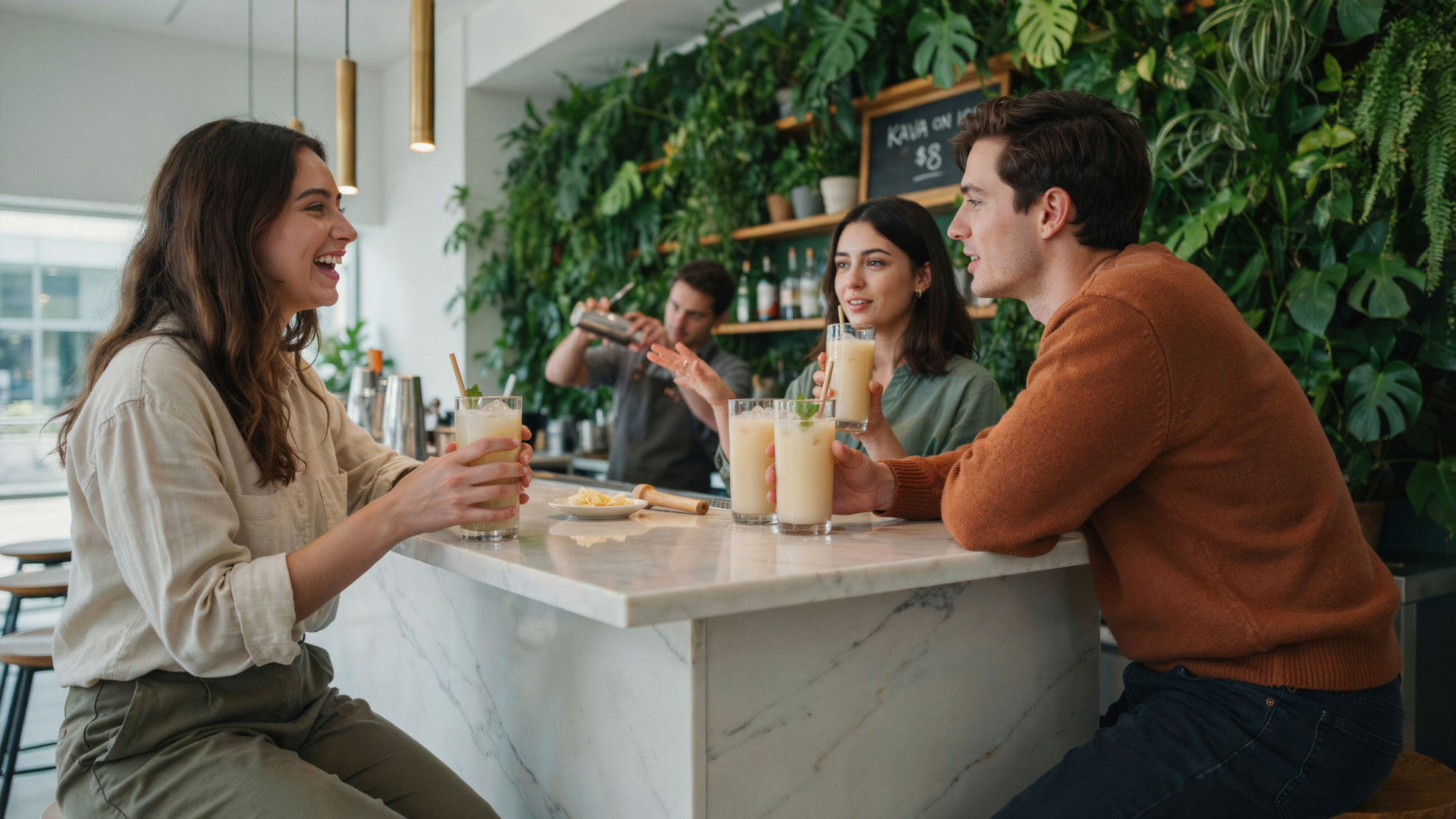 Three people sitting at a marble bar in a cafe with a lush green wall, two of them holding glasses of iced drinks while a bartender prepares a beverage in the background. 