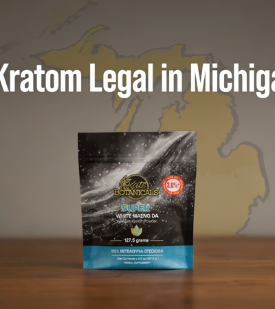 A pouch of Kratom powder in front of a map of Michigan with the text Is Kratom Legal in Michigan?
