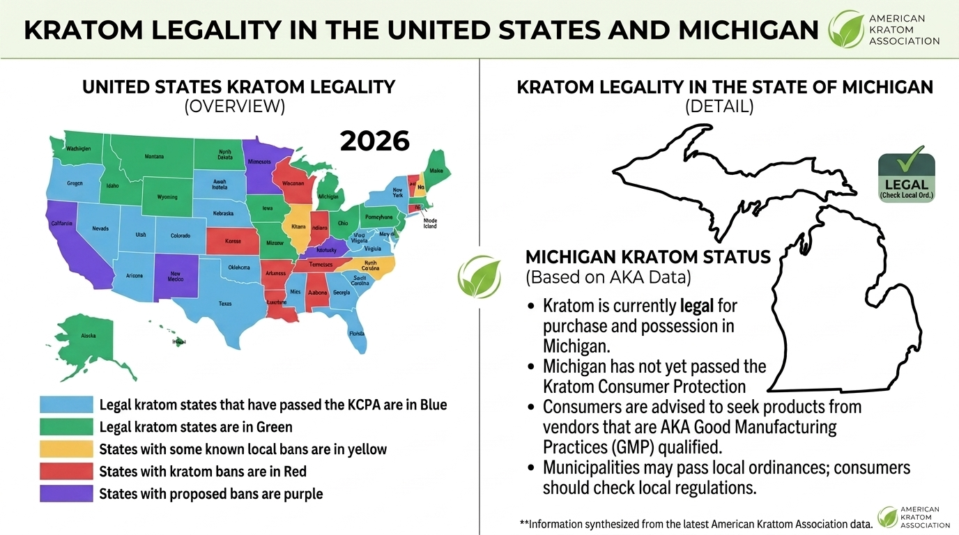 Infographic titled Kratom Legality in the United States and Michigan, showing a U.S. map color-coded by kratom status and listing key legal information for Michigan.