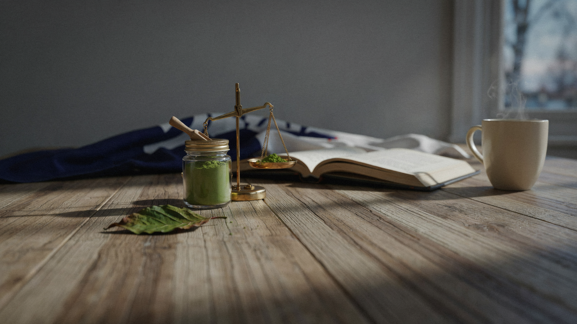 A jar of matcha powder and a small brass scale sit on a wooden table next to an open book and a steaming mug. 