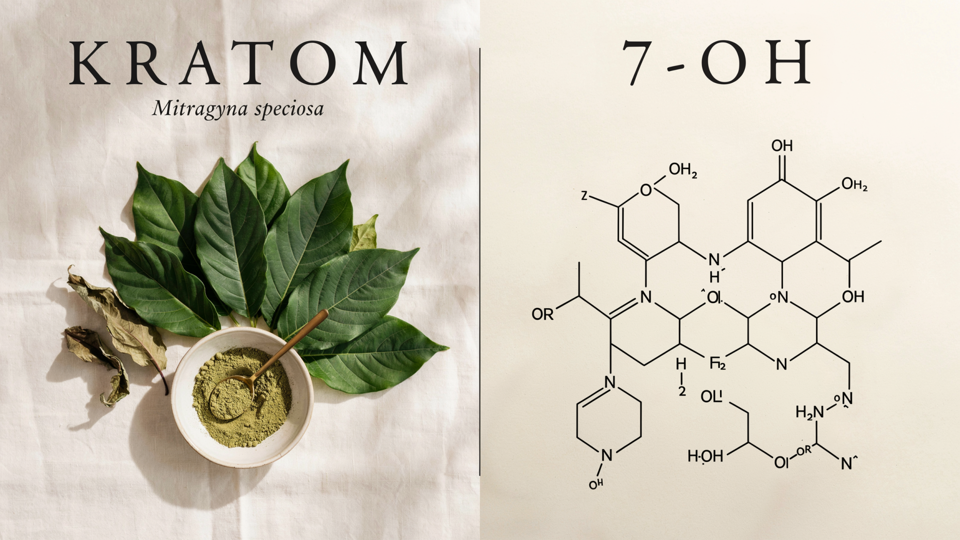 Kratom leaves and a bowl of powder beside a chemical structure diagram labeled 7-OH.