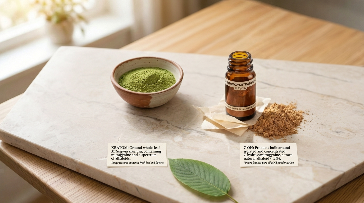 A bowl of green powder, a small amber bottle, and a pile of brown powder on a stone surface, with two informational cards describing Kratom and 7-OH, and a single green leaf.