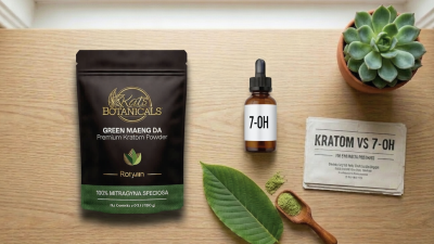 A bag of Kats Botanicals Green Maeng Da kratom powder, a dropper bottle labeled 7-OH, a small information card, a green leaf, and a wooden spoon with powder next to a small potted succulent.