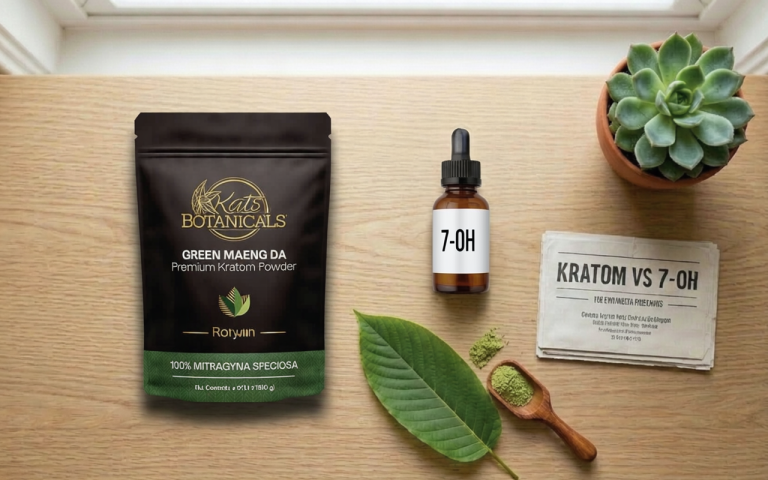 A bag of Kats Botanicals Green Maeng Da kratom powder, a dropper bottle labeled 7-OH, a small information card, a green leaf, and a wooden spoon with powder next to a small potted succulent.